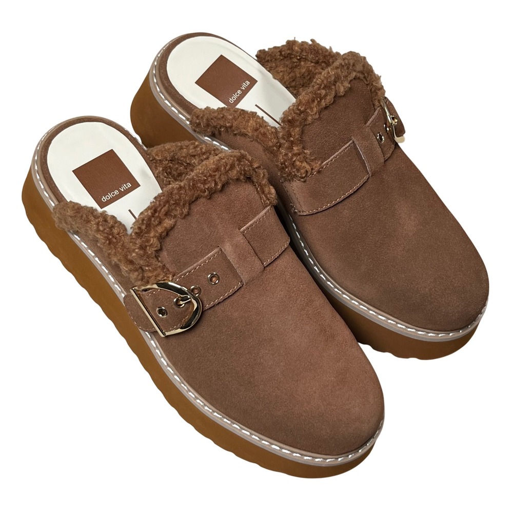 Dolce Vita Lelani Faux Fur Mules Women 8.5‎ Pecan Suede Platform Shearling Lug